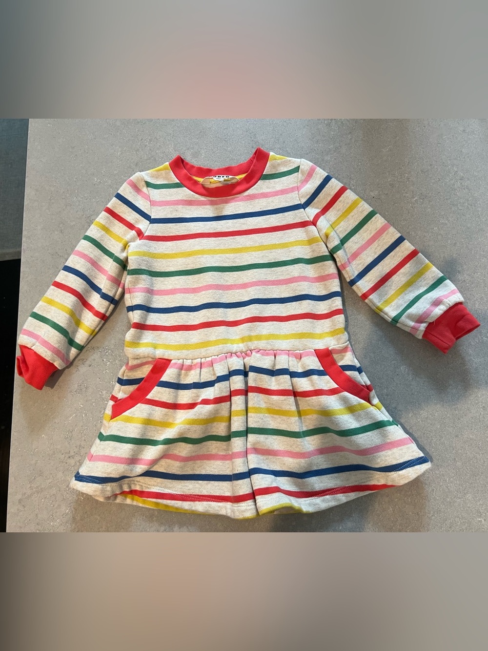 New, never worn, no tags. Boden Girls Striped Rainbow Pocket Dress, 4-5Y
